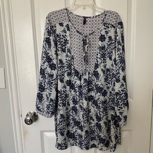 NYDJ Navy Blue Floral Blouse Top, Size Large